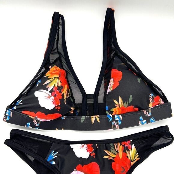 Black and Red Floral Bikini with Mesh Accents Size Medium Unbranded - Picture 2 of 16